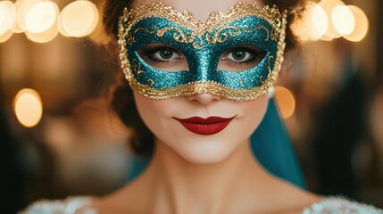 Masquerade ball wedding dance with elegant Venetian masks, candlelit tables, and dramatic ballroom elegance