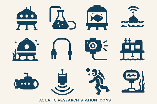 Aquatic research station icons collection featuring submarine and diving suit