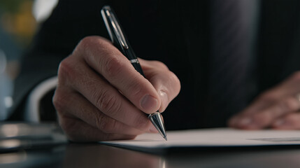 A close-up image of a businessman’s hand holding a pen and signing a document, or business decisions. The focus on the hand and pen highlights the importance.