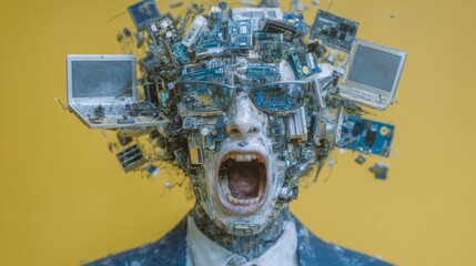 The young human brain is overwhelmed by an explosion of information data, with excessive media and news consumption, as well as social media addiction, exemplifying maximalism, as depicted in a stock