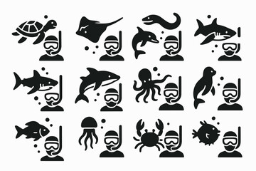 Fototapeta premium Black icons of marine animals and snorkelers diverse sea life illustrations