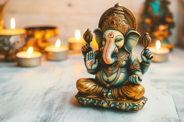 Colorful Ganesh Statue Surrounded by Candles Creating a Serene Atmosphere for Meditation and Spiritual Practice