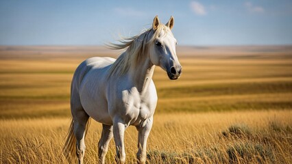 Obraz premium White horse with a flowing mane standing gracefully in a golden field, basking in the warmth of a sunny day under a clear blue sky, while a gentle breeze playfully ruffles its hair