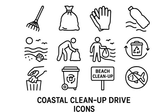 Coastal clean-up drive icons: recycling, beach, waste, effort, environment