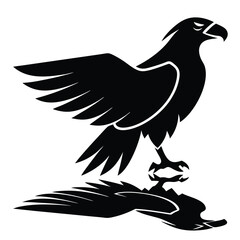 A black silhouette of an eagle perched on a branch with wings