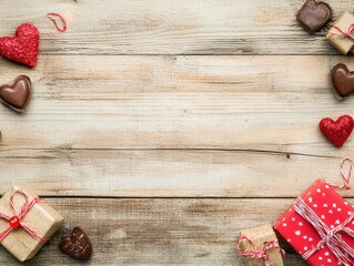 Romantic Wooden Background with Gifts and Heart-Shaped Chocolates