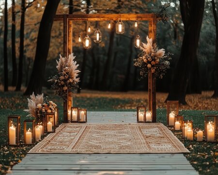 Outdoor bohochic wedding dance with woven rugs, pampas grass, and soft, ambient lighting