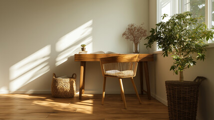 Minimalist wooden desk with potted plant in Scandinavian style, embodying simplicity and natural harmony.