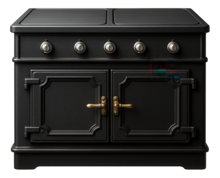 A traditional cast iron stove, providing both cooking and heating solutions in a cottage kitchen.