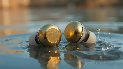Two golden earbuds submerged in water with reflections