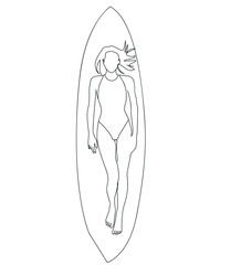 woman on surfboard.One continuous line drawing of a woman sleeping on a surfboard.
