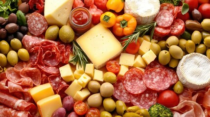Colorful Spread of Various Cheeses, Meats, and Fresh Vegetables
