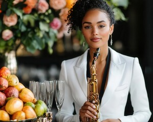 Jazzage speakeasy wedding party with vintage bar decor, soulful saxophone music, and roaring  20s elegance
