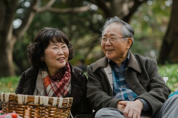 Portrait of a tender asian couple in their 60s having an outdoor picnic