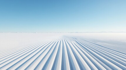 Pristine snow-covered ski run stretches into the distance under a clear blue sky.