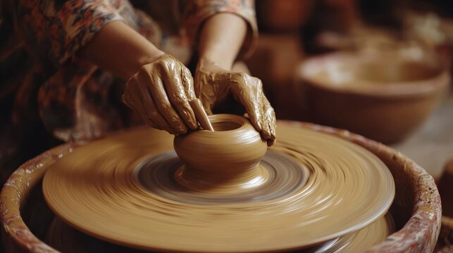 Female artisan sculpts clay on a pottery wheel.