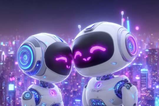 A human and a robot's love connection, involving emotions and a futuristic outlook, with a female android cyborg, amidst robotization and automation