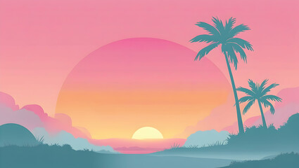 Obraz premium A pastel sunset over the ocean with palm tree silhouettes