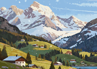 Abstract Winter Landscape with Snowy Trees and Icy Mountains &ndash; Serene and Artistic Nature Scene