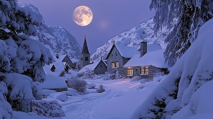 Snow covered medieval village under the glow of a full moon cinematic winter romance