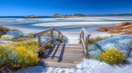 The image of a wooden walkway traversing the marsh, immersed in an autumnal landscape, presents a tranquil natural scene, which could be utilized as a stock photo to advertise nature tourism or