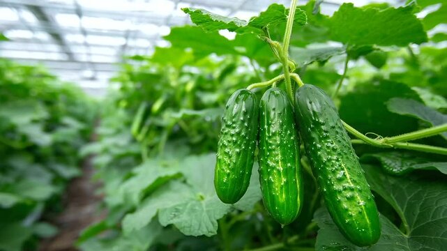 Juicy cucumbers dangle in rows from overhead vines, tiny water droplets catching light in a warm, humid greenhouse atmosphere