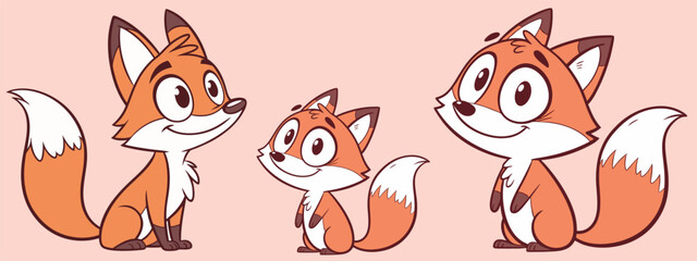 Cute cartoon fox set. Cartoon animal character design. Flat vector illustration isolated on a white background.