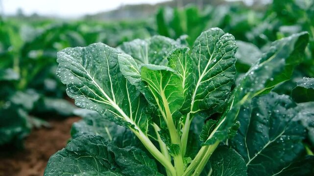 Crinkled kale and lush spinach leaves wrap around thick tomato vines in an organic tangle of textures and moisture
