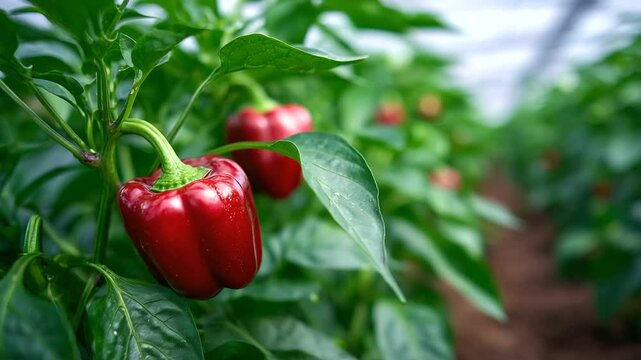Red chili peppers curve downward from bushy green plants, their waxy surface shimmering in the greenhouse heat