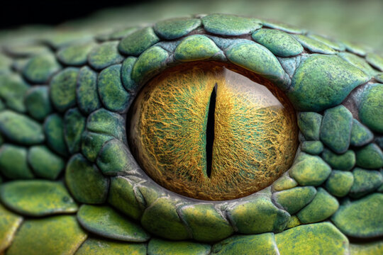 Detailed close-up of a vivid green snake eye showcasing intricate textures and colors in natural light
