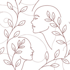 Two women with leaves around them, minimalist line art on a white background