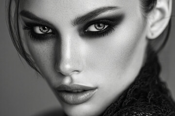 Fototapeta premium Captivating close-up of a model showcasing striking makeup artistry in black and white