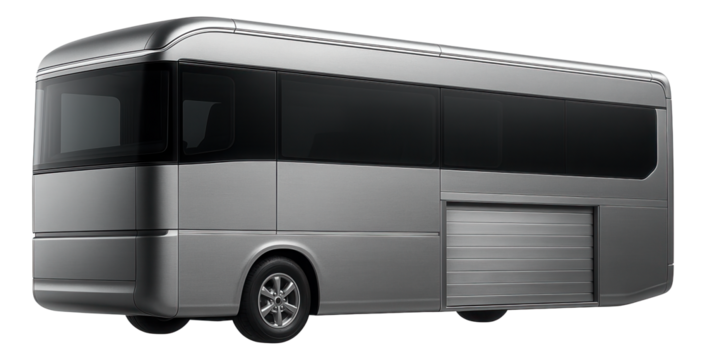 A mobile home with a built-in garage for storing bikes, designed for cycling enthusiasts exploring new trails.