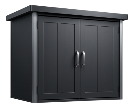 A compact metal utility shed with a flat roof, ideal for organizing outdoor equipment in an apartment's shared garden.