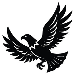 Obraz premium Black silhouette of an eagle with wings spread on white background