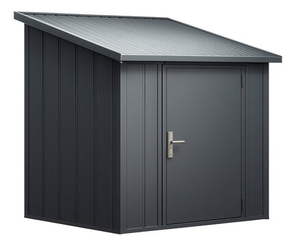 A lean-to metal shed with a single sloped roof, designed for attaching to the side of a garage in a residential area.
