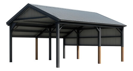 A large agricultural shed with open sides, providing shelter for machinery on a working farm.