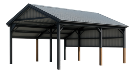 A large agricultural shed with open sides, providing shelter for machinery on a working farm.