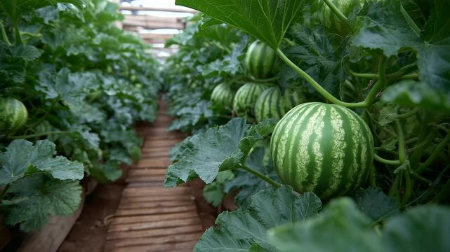 Twisting melon vines sprawl across raised beds, soft green fruit nestled under large umbrella-like leaves