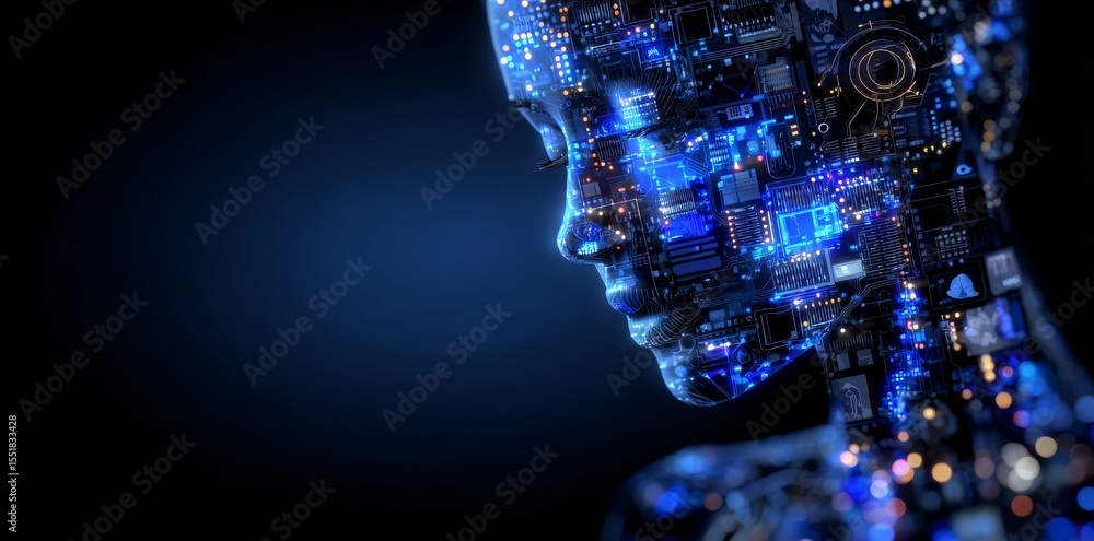 Poster the concept of integrating humans and computers is represented by a face with embedded digital circu