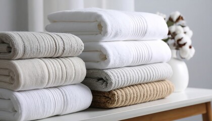Stack of freshly folded towels on a table, symbol of comfort and cleanliness freshly