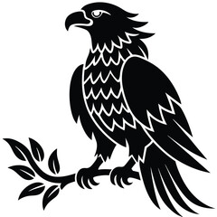 Obraz premium Stylized black eagle perched on a branch with leaves vector art silhouette