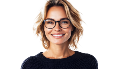 Young woman with blonde hair and glasses smiling warmly, representing happiness and confidence in a casual sweater against a neutral backdrop