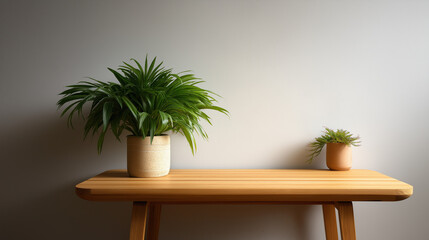 Fototapeta premium Minimalist wooden desk with potted plant in Scandinavian style, embodying simplicity and natural harmony.