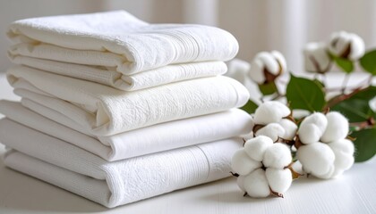 Luxurious white towels and delicate cotton flowers, a serene spa experience soft