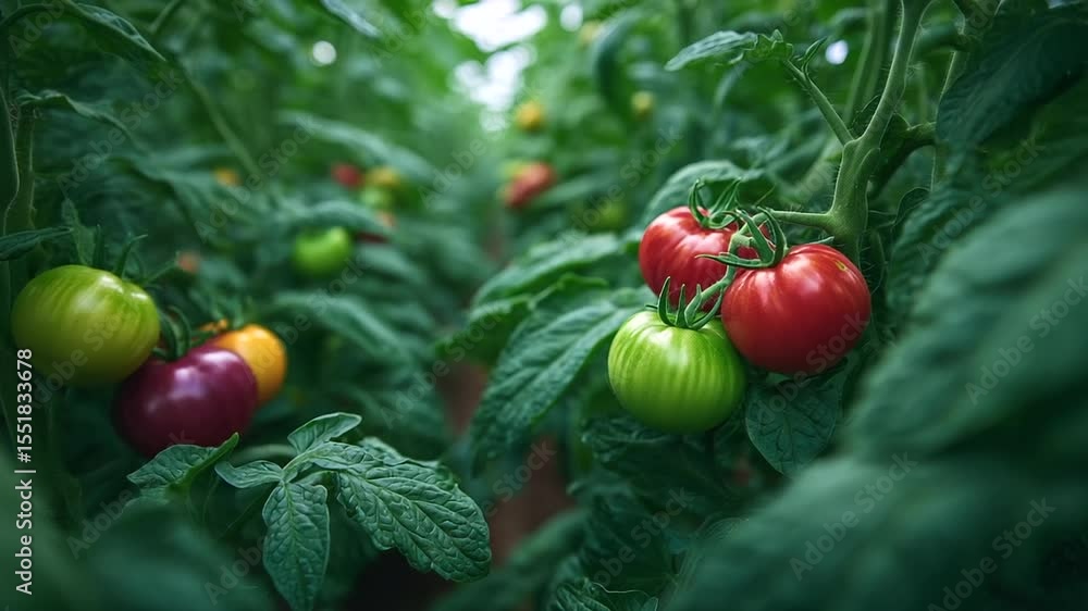 Poster high-angle view of interwoven vines with multicolored heirloom tomatoes shining beneath layers of fi
