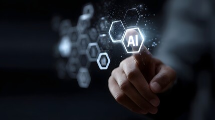 Businessman s hand touching a glowing hexagonal interface