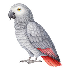 Obraz premium Detailed Illustration of a Gray Parrot with Colorful Features on a White Background