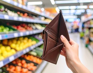 Offene Geldbörse vor Gemüseabteilung – Symbolbild für hohe Lebensmittelpreise und Budgetengpässe