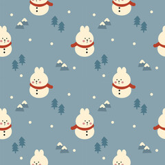 Snowman rabbit cartoon so cute. On tree mountain snow background. Pattern seamless vector illustration. 